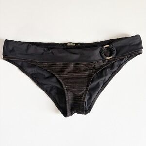 Dolcessa Women Black Gold Metallic Stripe Luxury Resort Bikini Swim Bottoms L